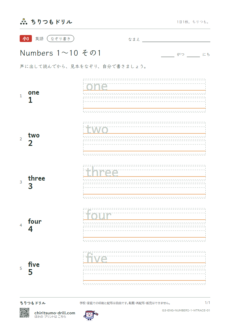 英単語 数 1〜10 なぞり書き その1(one two three four five)の見本