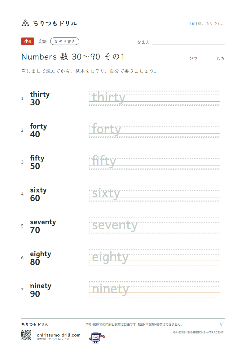 英単語 数 30〜90 なぞり書き その1(thirty forty fifty sixty seventy eighty ninety)の見本