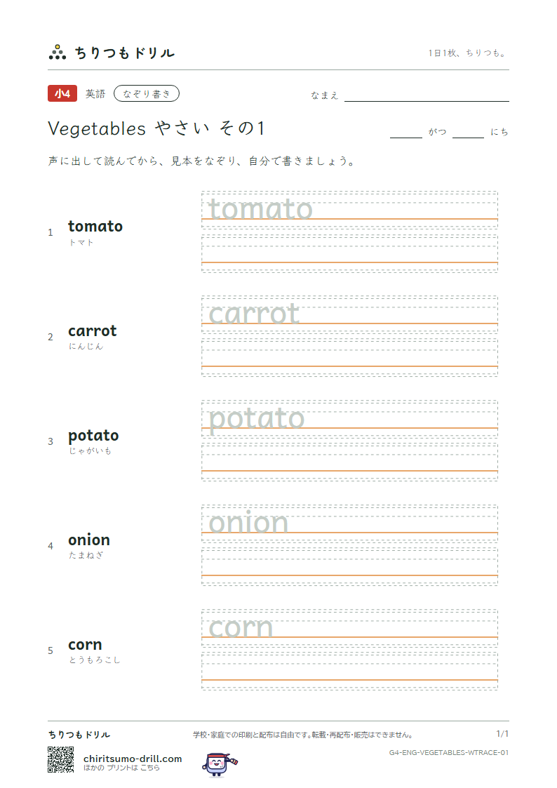 英単語 やさい なぞり書き その1(tomato carrot potato onion corn)の見本