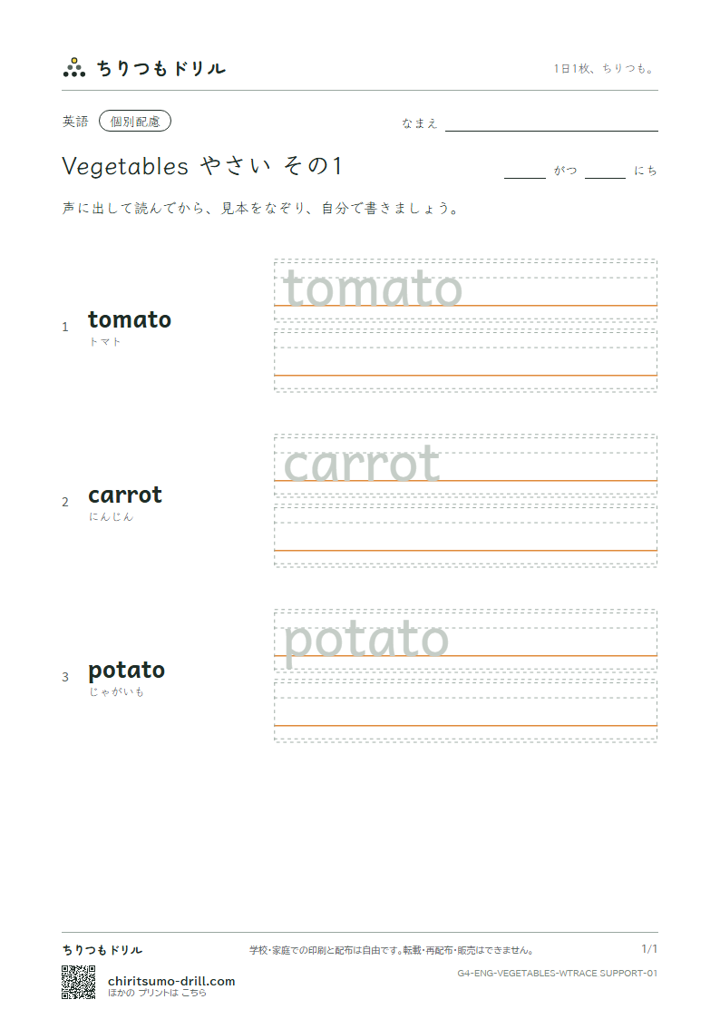 英単語 やさい なぞり書き(配慮) その1(tomato carrot potato)の見本