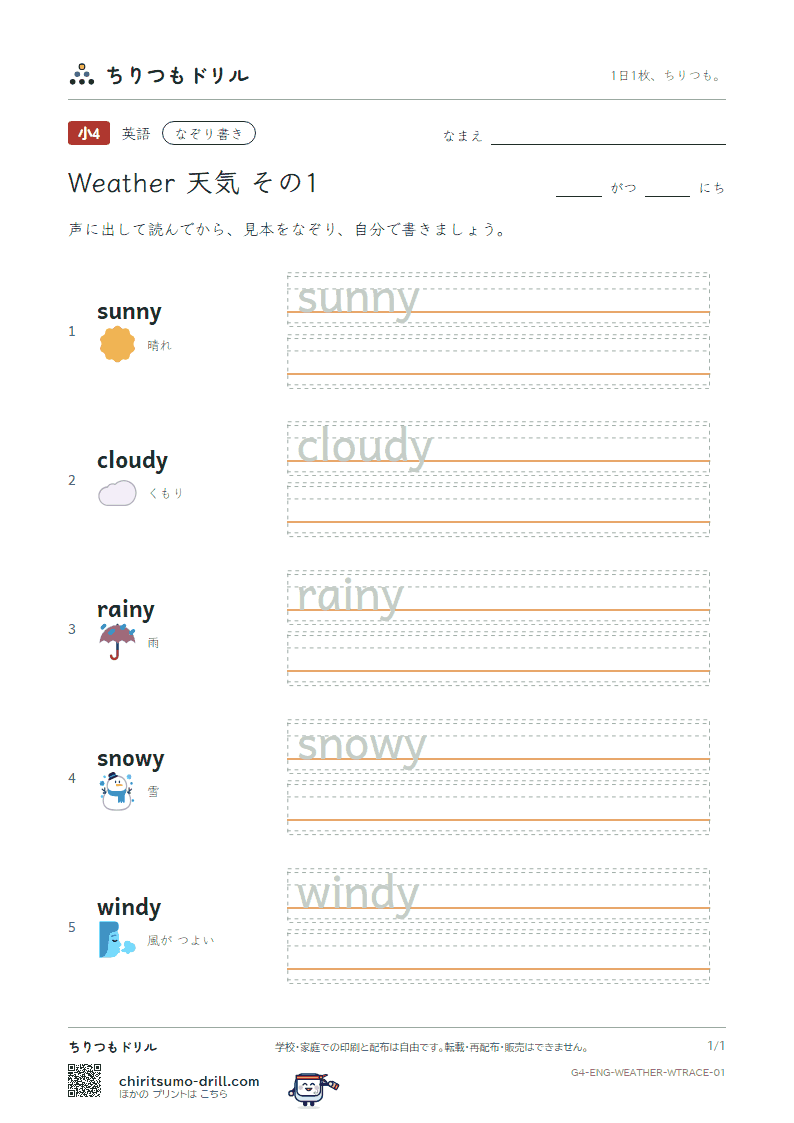 英単語 天気 なぞり書き その1(sunny cloudy rainy snowy windy)の見本
