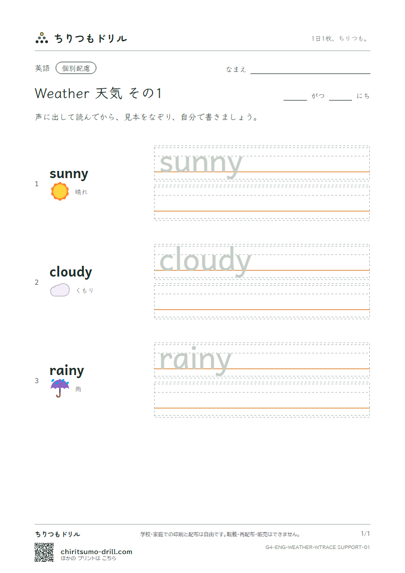 英単語 天気 なぞり書き(配慮) その1(sunny cloudy rainy)の見本