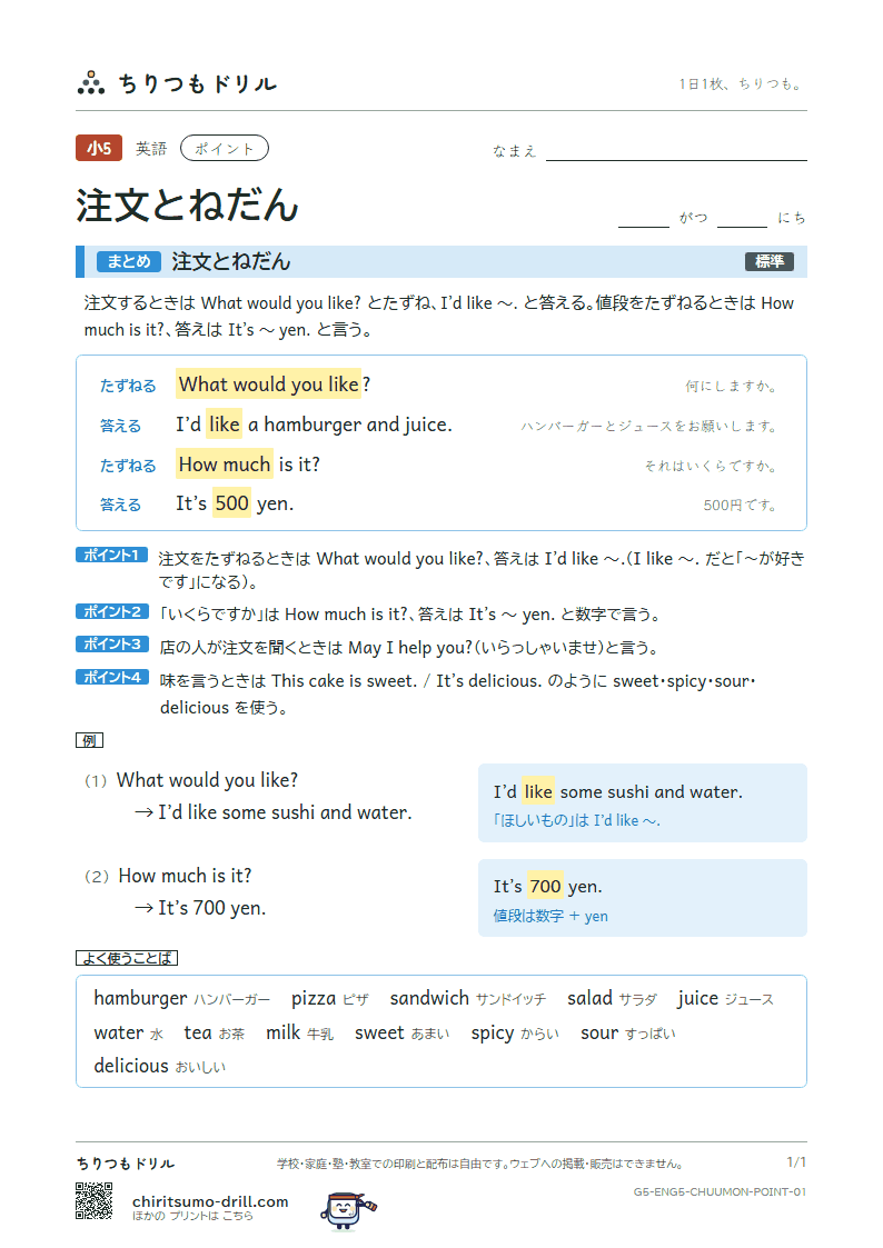 注文とねだん(What would you like?) ポイントの見本
