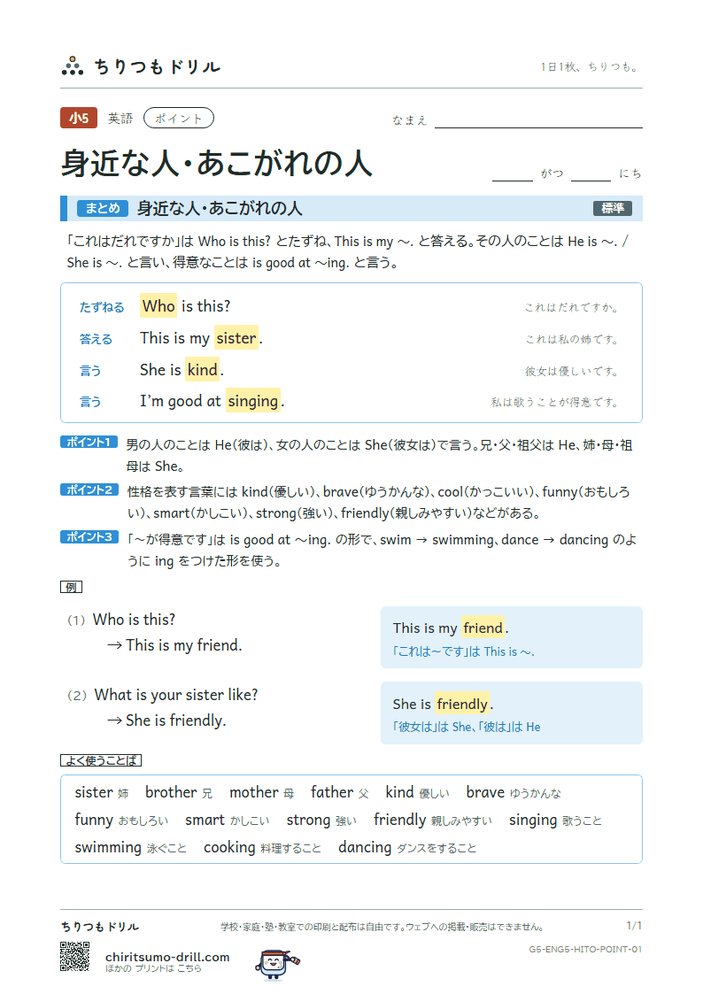 身近な人・あこがれの人(Who is this?) ポイントの見本