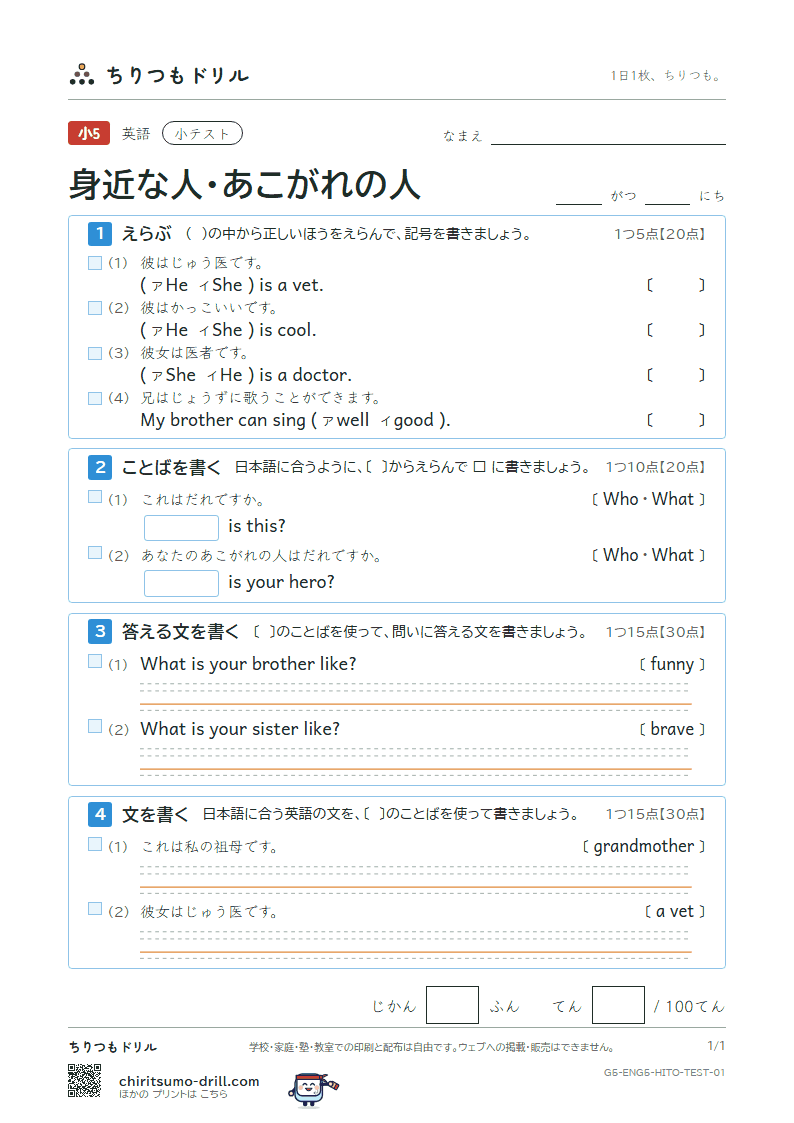身近な人・あこがれの人(Who is this?) 小テスト その1の見本
