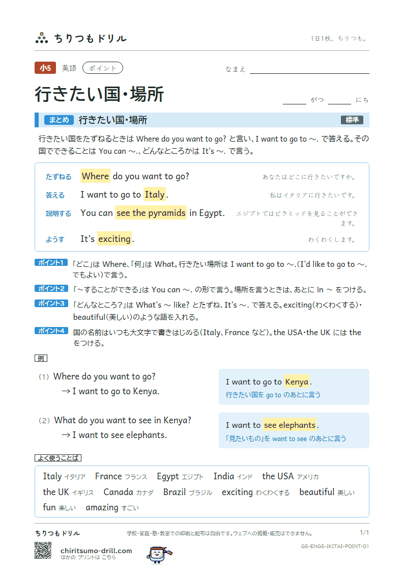 行きたい国・場所(Where do you want to go?) ポイントの見本