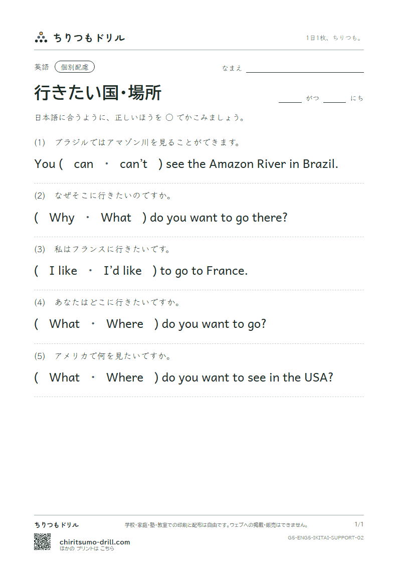 行きたい国・場所(Where do you want to go?) 大きな枠つき その2の見本