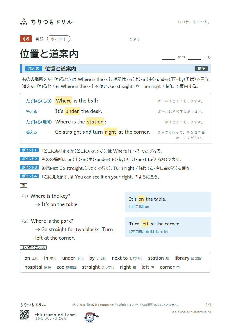 位置と道案内(Where is the station?) ポイントの見本