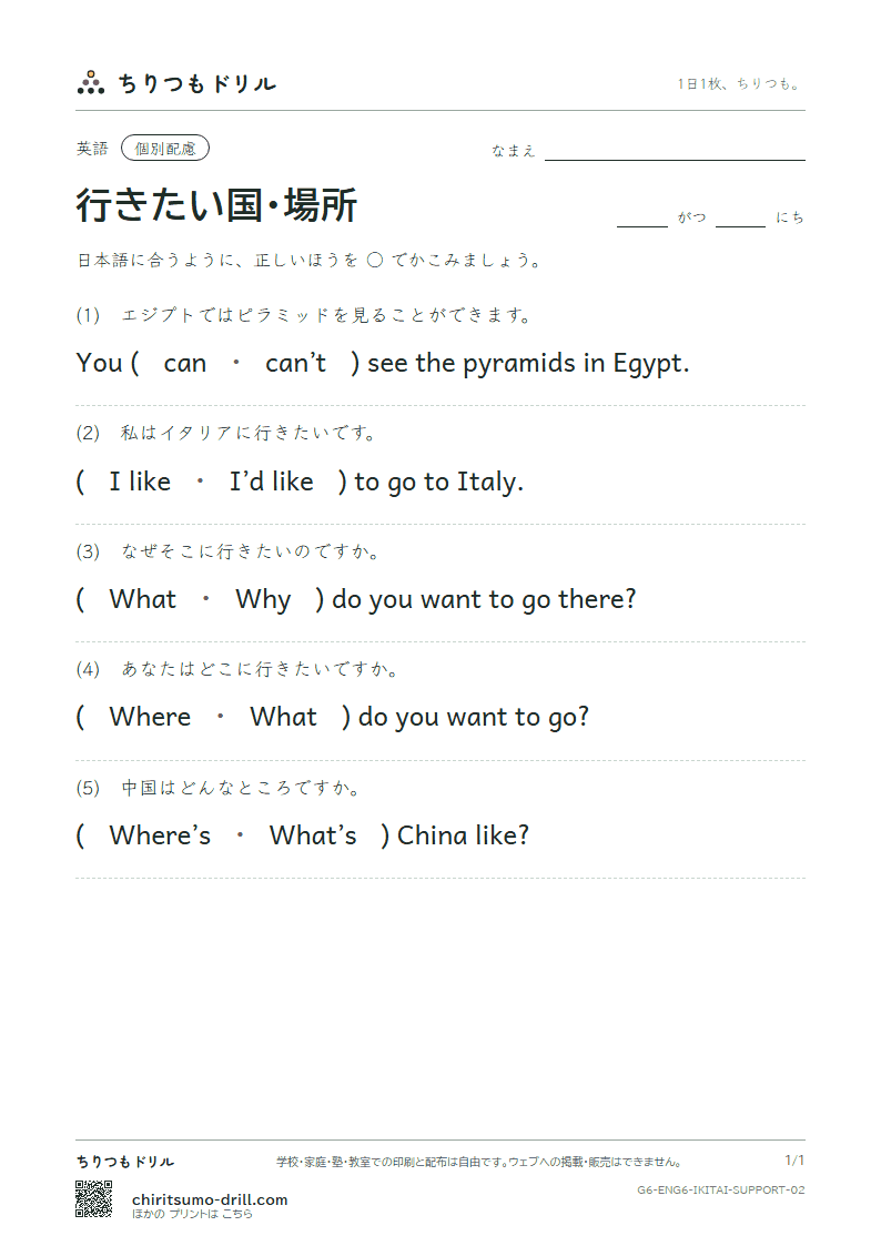 行きたい国・場所(Where do you want to go?) 大きな枠つき その2の見本