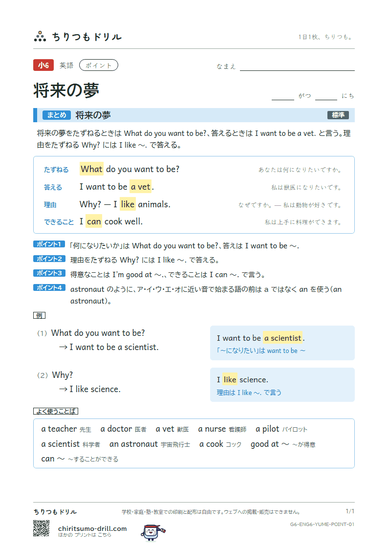 将来の夢(What do you want to be?) ポイントの見本