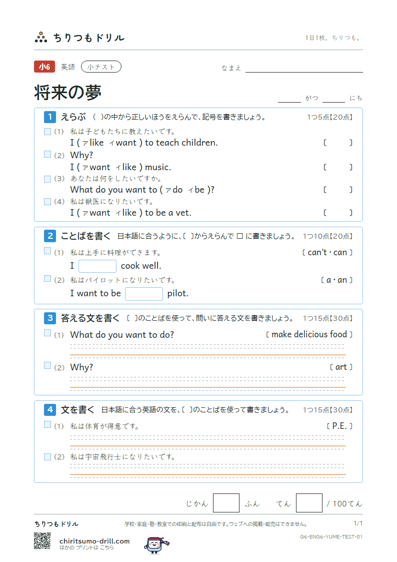 将来の夢(What do you want to be?) 小テスト その1の見本