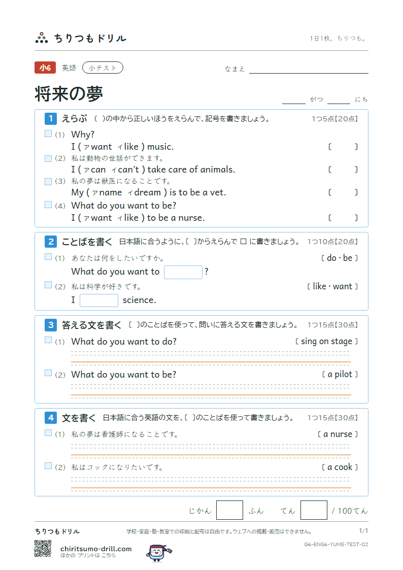 将来の夢(What do you want to be?) 小テスト その2の見本