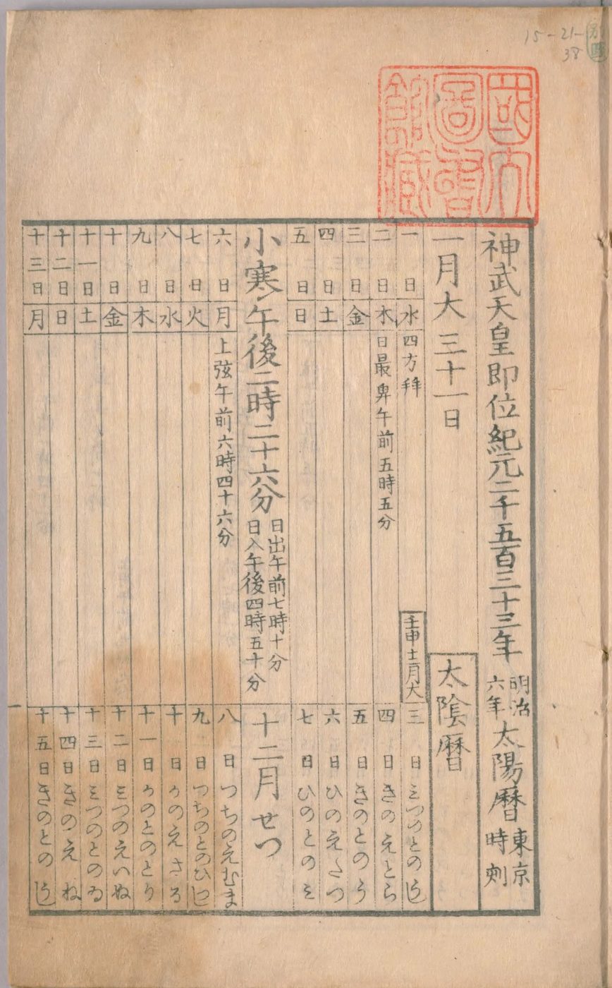 たてに区切られた表に、一月一日から日にちと曜日が書かれ、下の段に「太陰暦 十二月」と書かれた古いこよみ