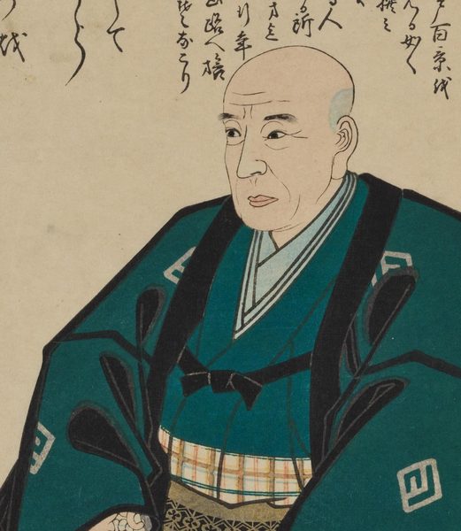 青い着物を着て、数珠を持って座る男性の浮世絵