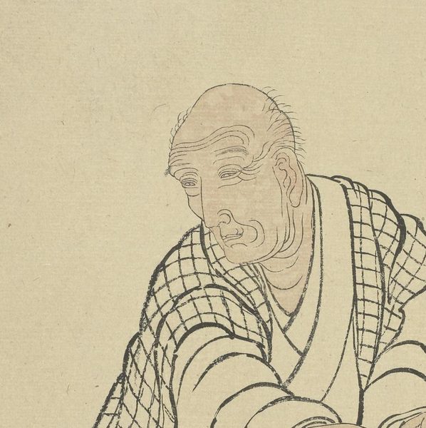 頭がはげ、しわのある年をとった男性が、うつむいている墨の線の絵