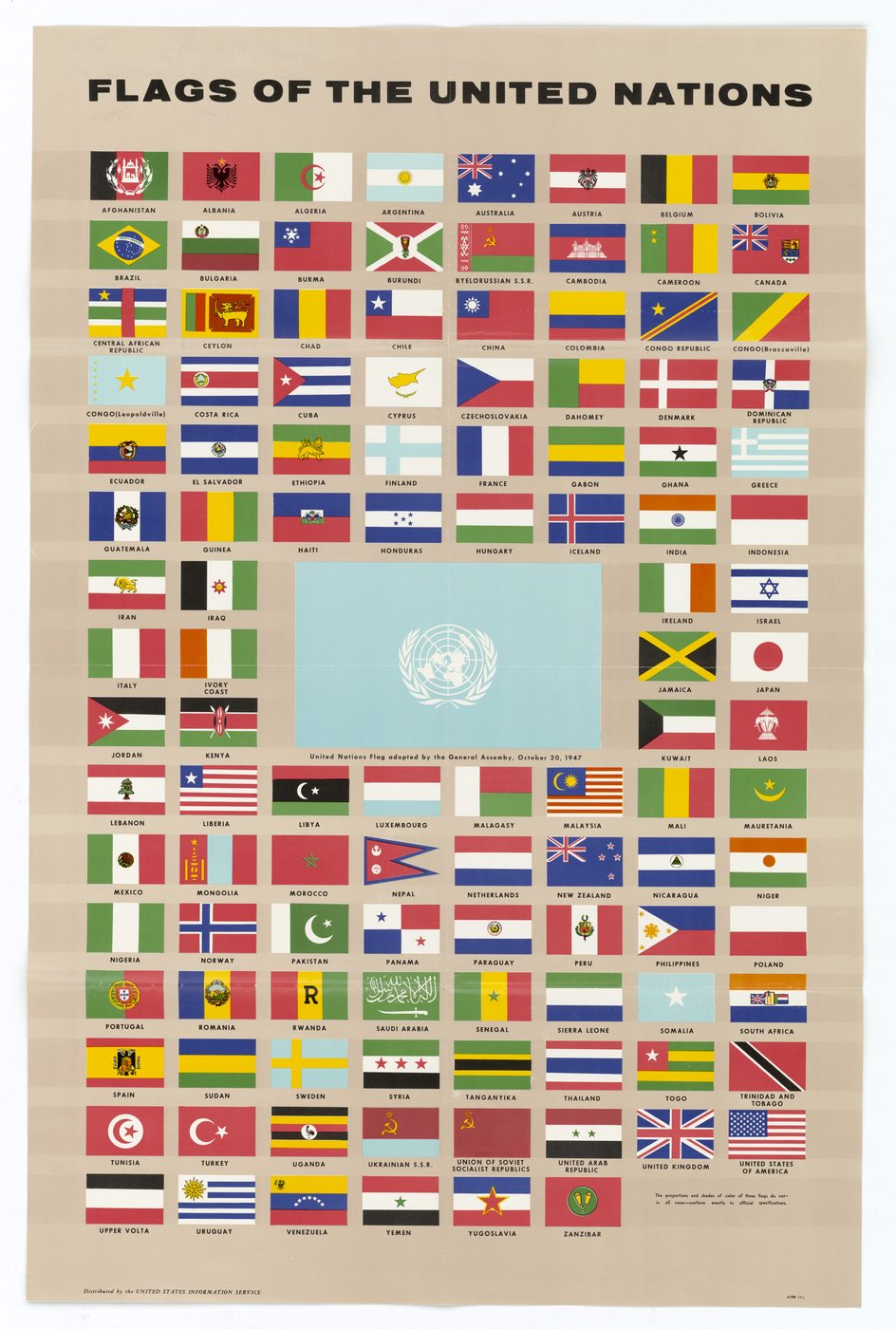 「FLAGS OF THE UNITED NATIONS」という題の下に、たくさんの国の旗がならび、まん中に水色の国際連合の旗があるポスター