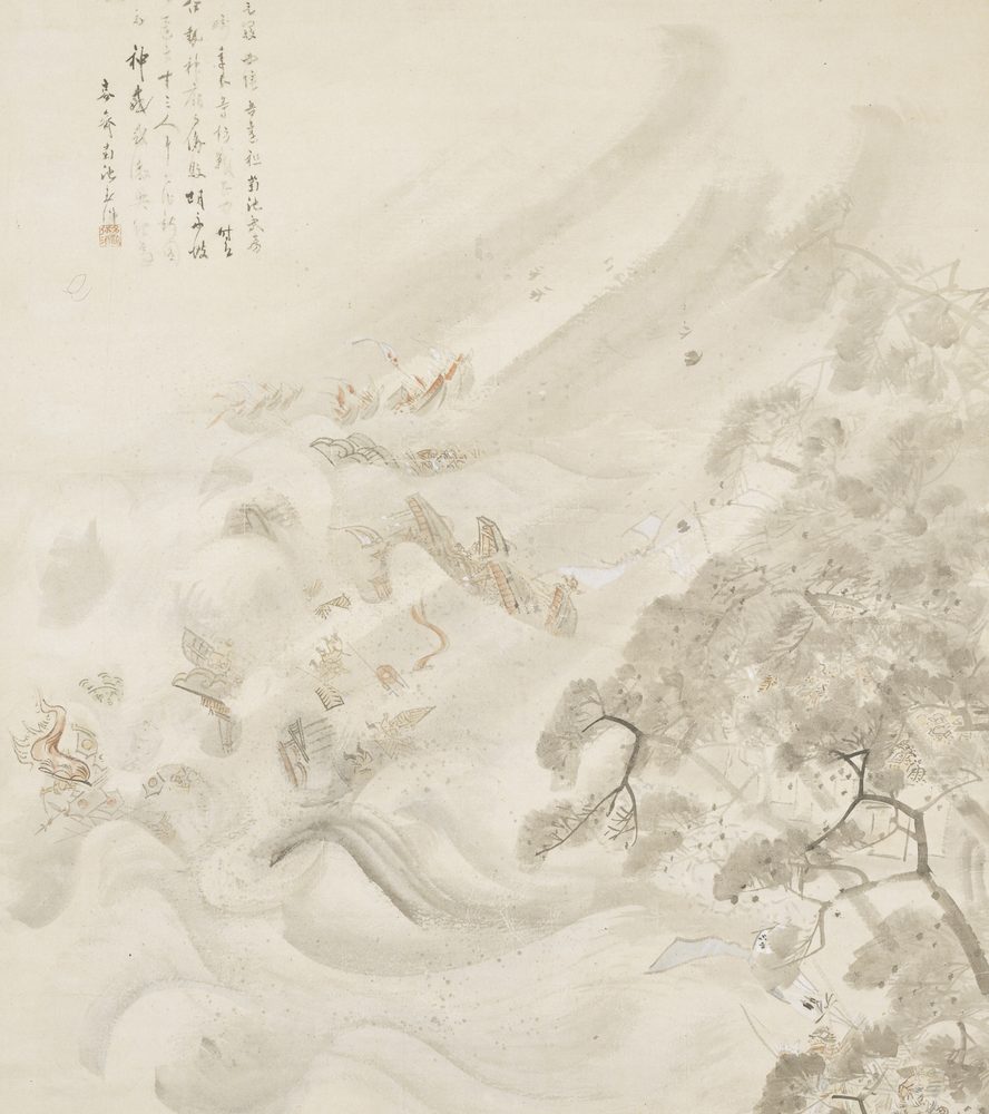 はげしい風と波にのまれる船を、うすい墨でえがいた絵
