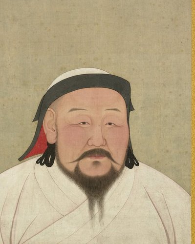 白い服を着て、黒いぼうしをかぶった、ひげのある男性の肖像画