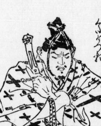 こしに刀をさし、もようのある着物を着て座る武士の線画