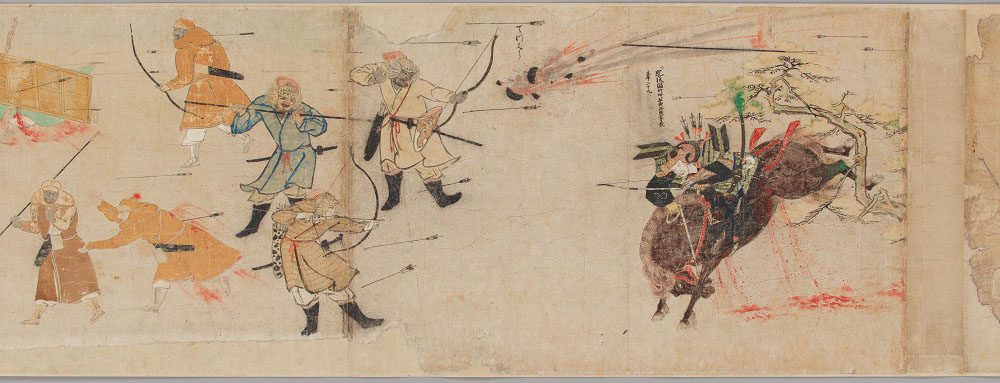 馬に乗った日本の武士の近くで火薬の武器が破裂し、弓を構えた元の兵たちが向かい合っている絵巻の一場面