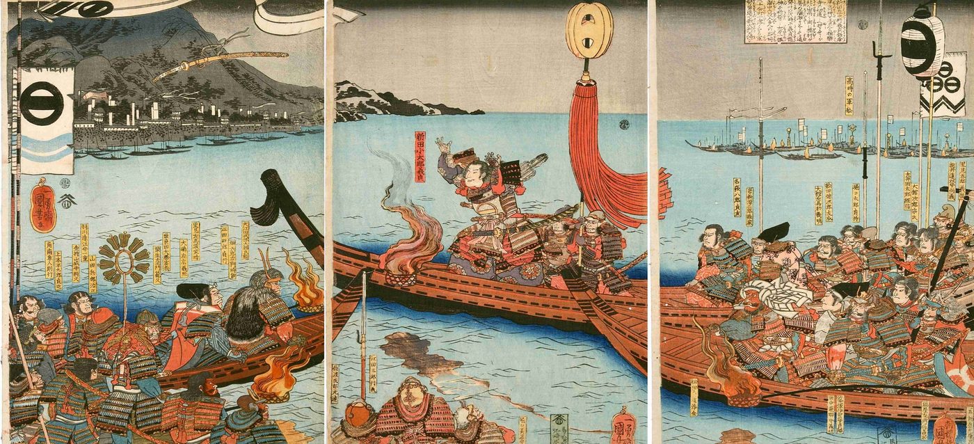 海の上の船に乗ったよろいの武士たちをえがいた、3枚つづきの錦絵