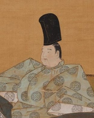 冠をかぶり、もようのある着物を着て、たたみの上に座る男性の肖像画
