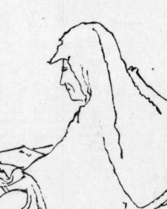 尼の頭巾をかぶった女性が、机の前に座っている線画