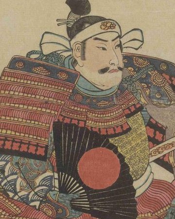 よろいを着て、日の丸の扇を持って座る武将の錦絵