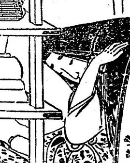 巻物の積まれた棚の前で、うつむいて座る女性の線画