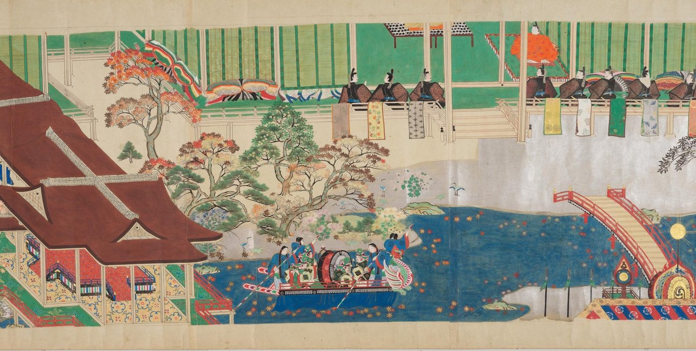 大きな屋根の建物の前に池があり、竜の頭のついた船がうかび、そり橋がかかっている絵巻の一場面