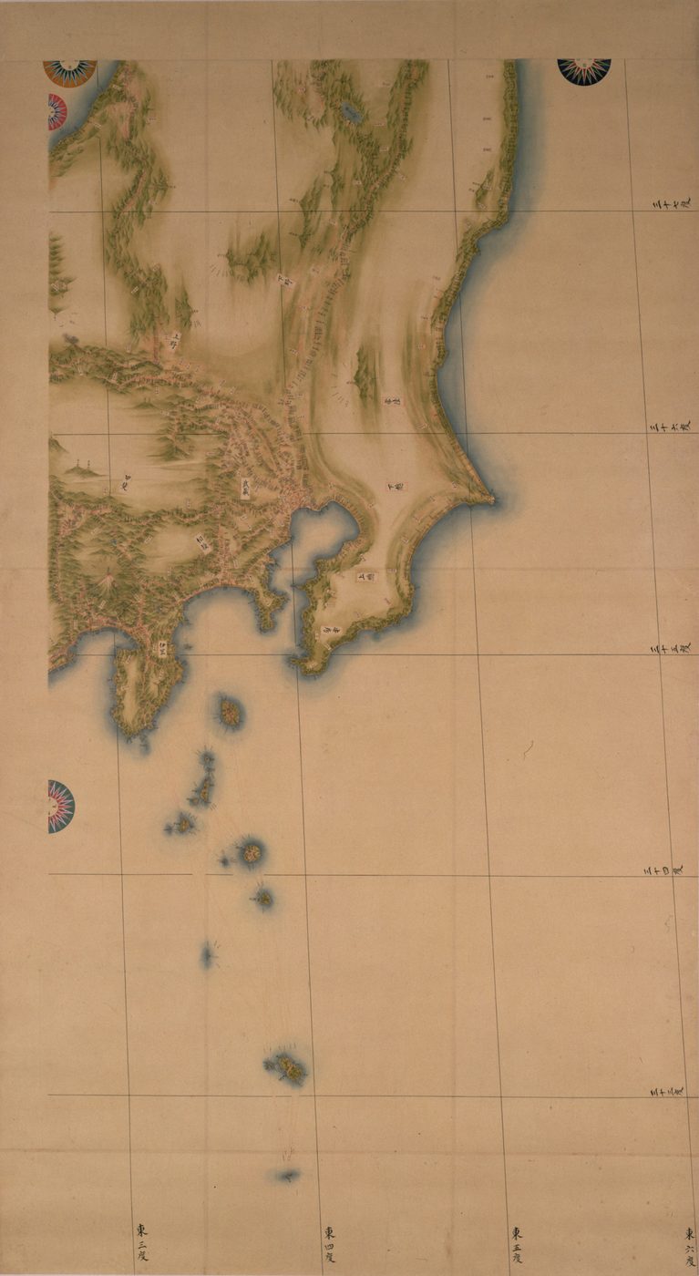 房総半島と東京湾、伊豆の島々などの海岸線を、緑と茶色の色をつけてえがいた地図