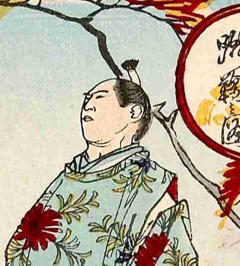 まげをゆい、花もようの着物を着て立つ武士の浮世絵