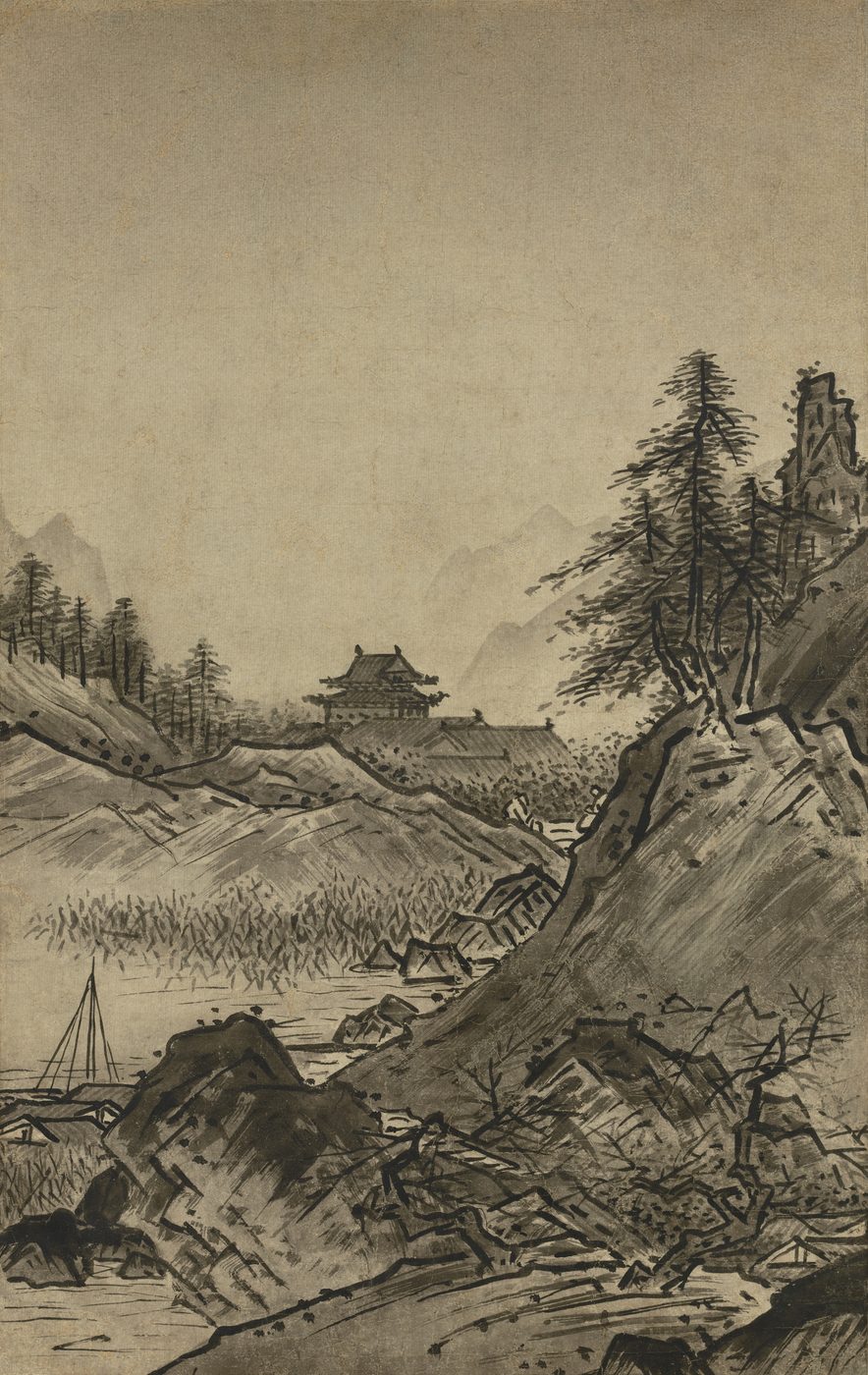 墨でえがかれた山や岩、木々の間に、屋根のある建物が見える水墨画