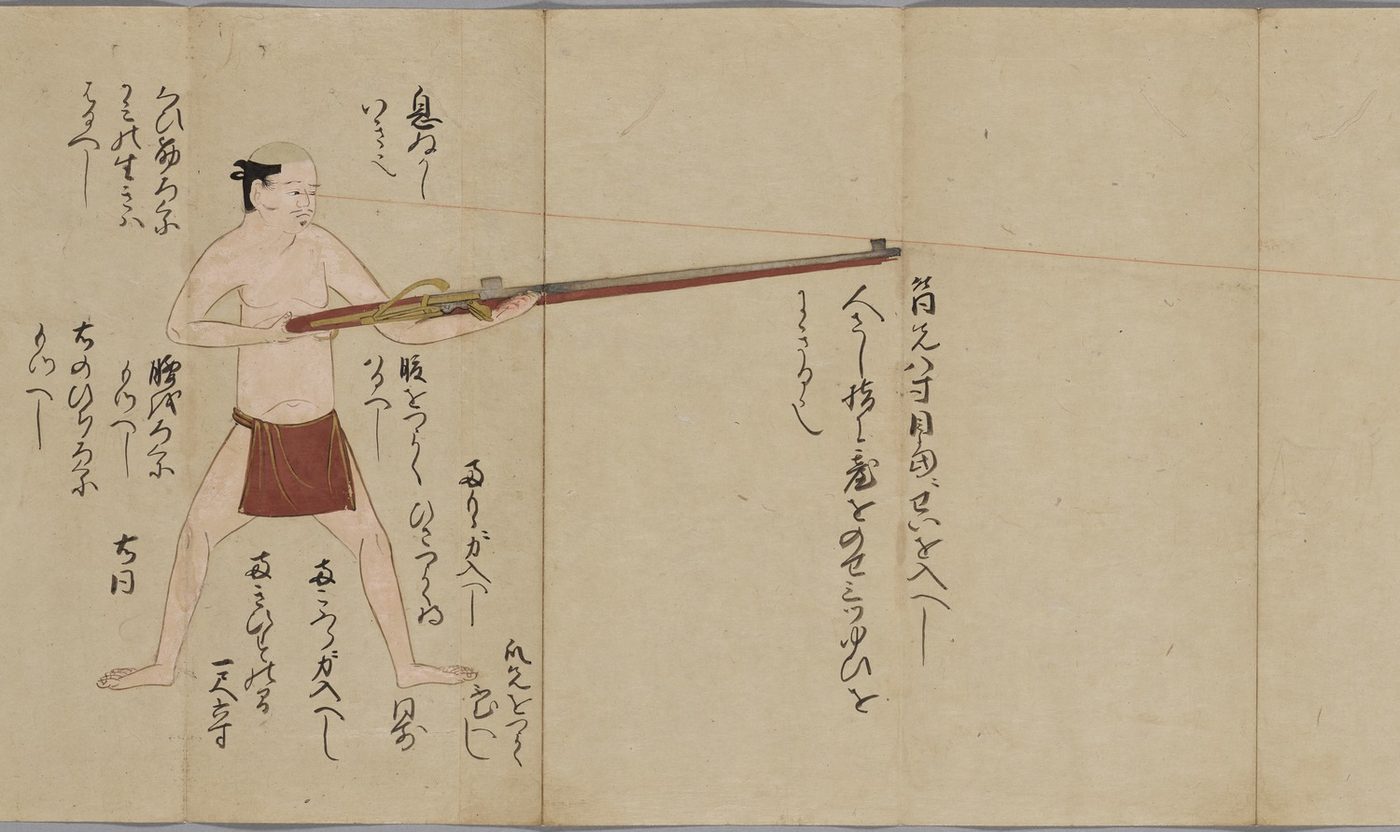 長い鉄砲をかまえて、的をねらう男性の絵。まわりに説明の文字がある