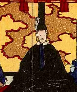 黒い着物で冠をかぶって座る将軍の浮世絵