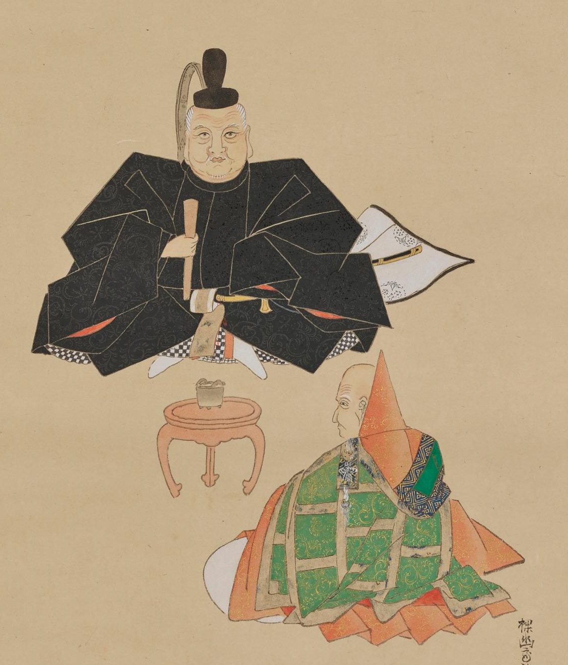 黒い着物すがたで冠をかぶり、笏を持って正面を向いて座る男性と、その下でむかいあって座る、緑とだいだい色の衣のお坊さんの絵