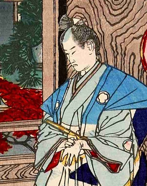 水色の着物すがたで、刀を持って立つ若い武士の浮世絵
