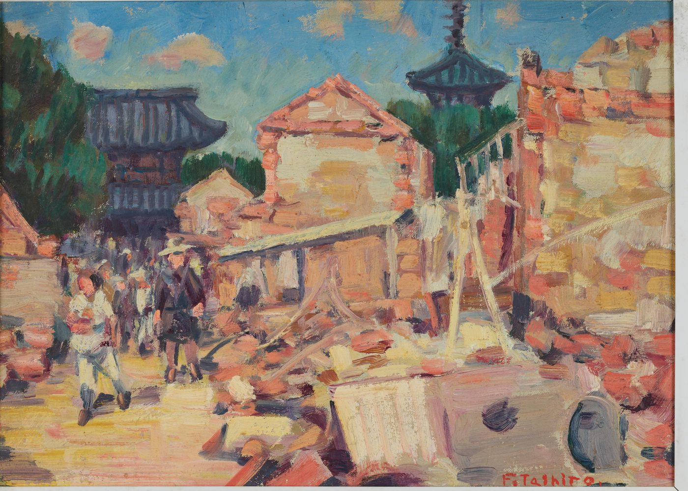 くずれたれんがの建物のあとと、がれきの中の道を人々が歩き、うしろに寺の門と塔が残っている、明るい色の油絵