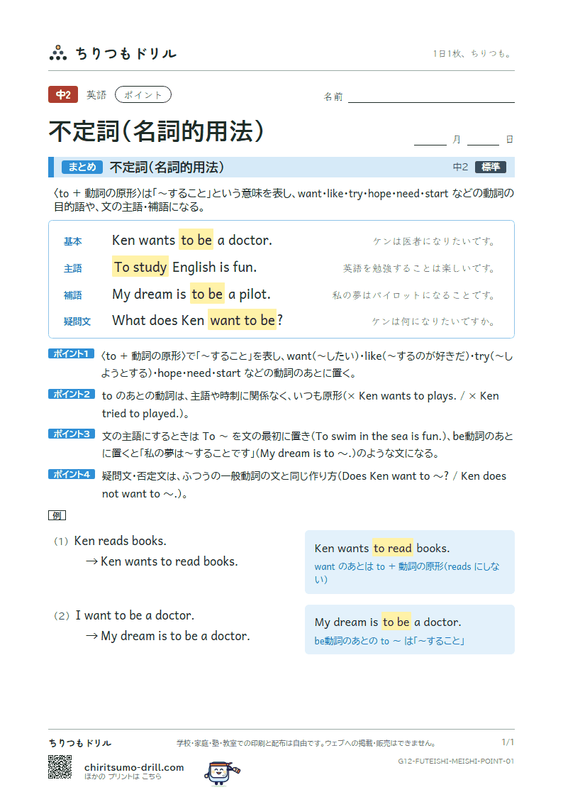 不定詞(名詞的用法) ポイントの見本