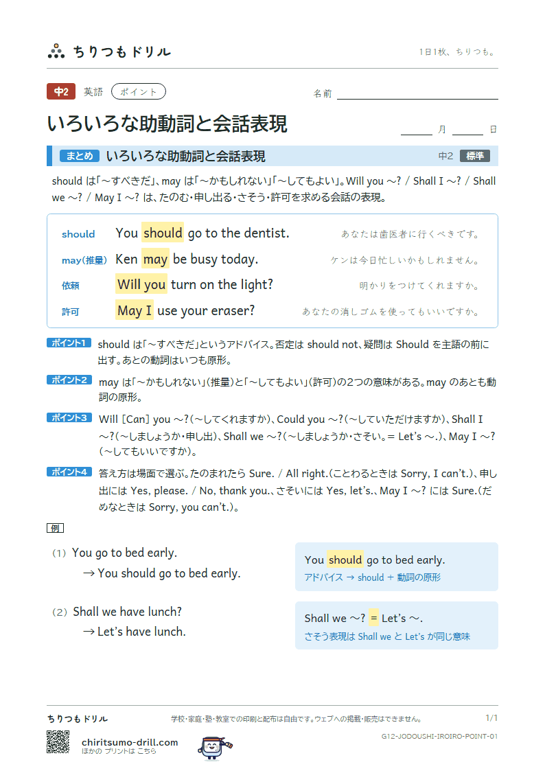 いろいろな助動詞と会話表現 ポイントの見本