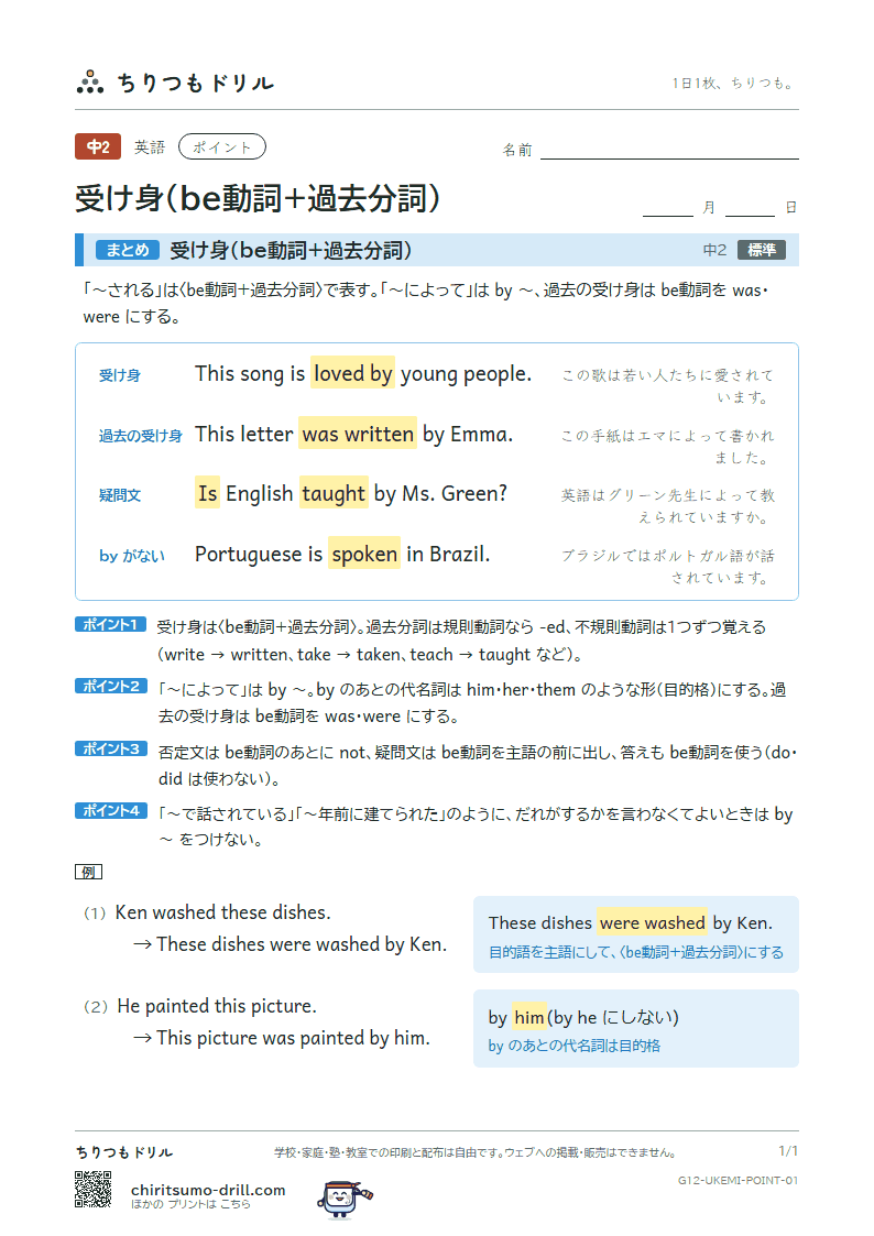 受け身(be動詞+過去分詞) ポイントの見本