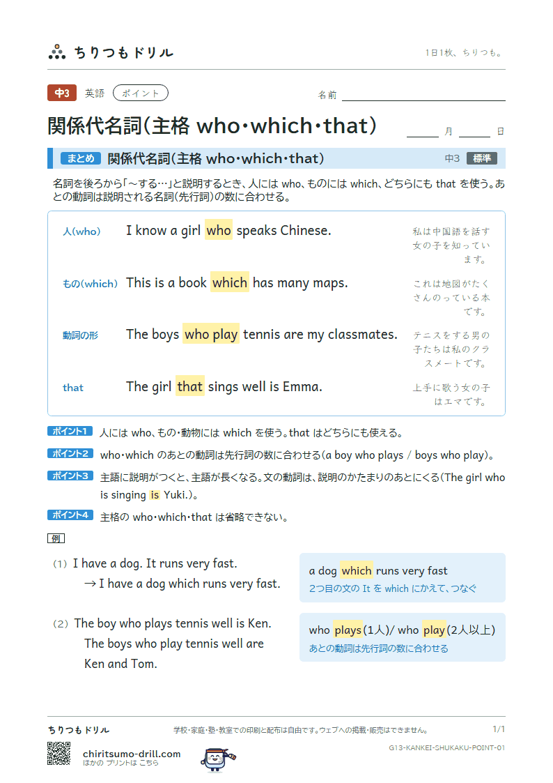 関係代名詞(主格 who・which・that) ポイントの見本