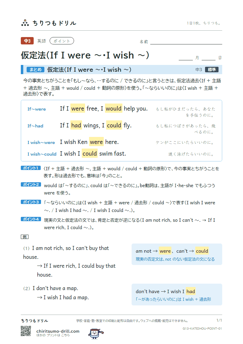 仮定法(If I were 〜・I wish 〜) ポイントの見本