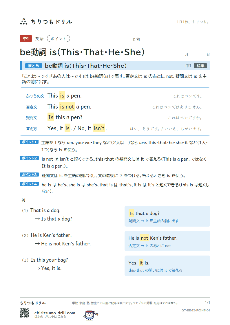 be動詞 is(This・That・He・She) ポイントの見本