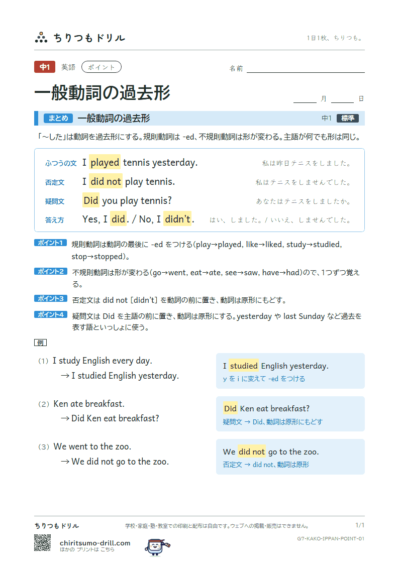 一般動詞の過去形 ポイントの見本