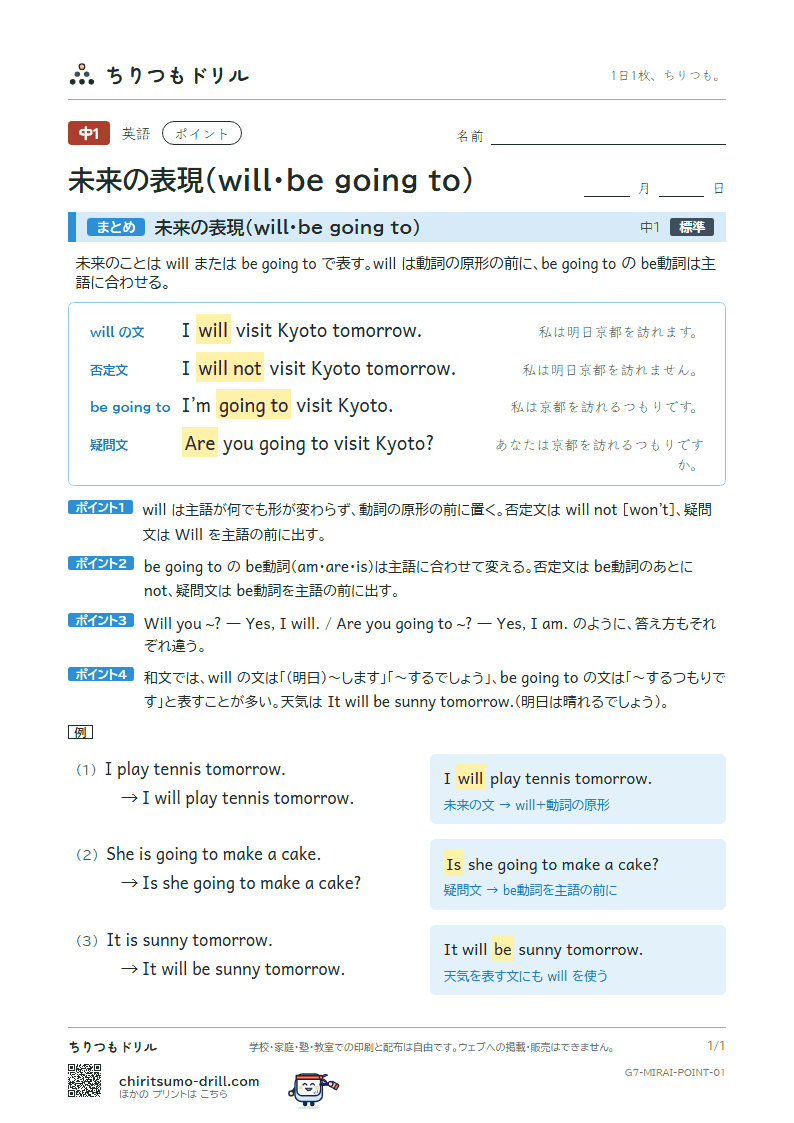 未来の表現(will・be going to) ポイントの見本