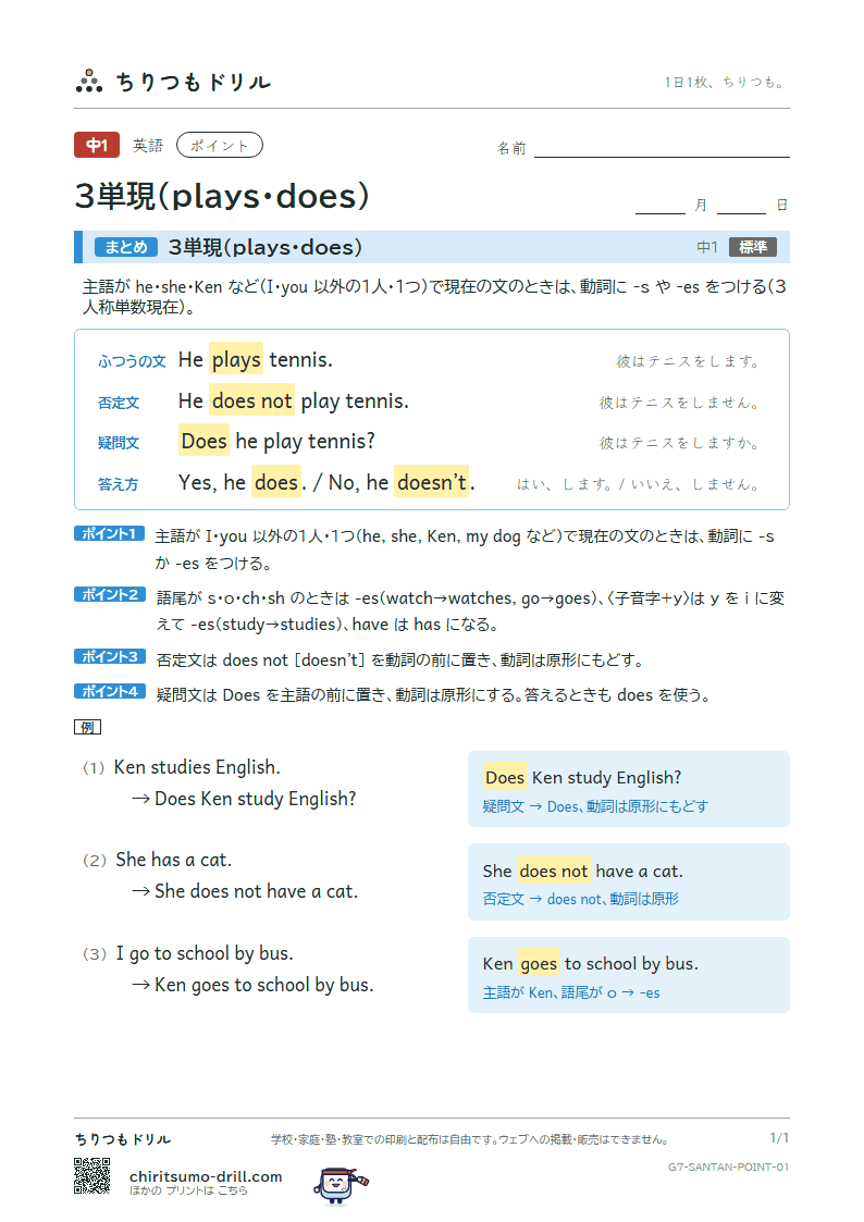 3単現(plays・does) ポイントの見本