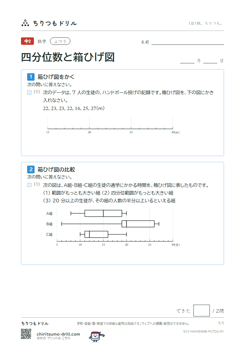 データの比較(四分位数と箱ひげ図) ふつう その1の見本