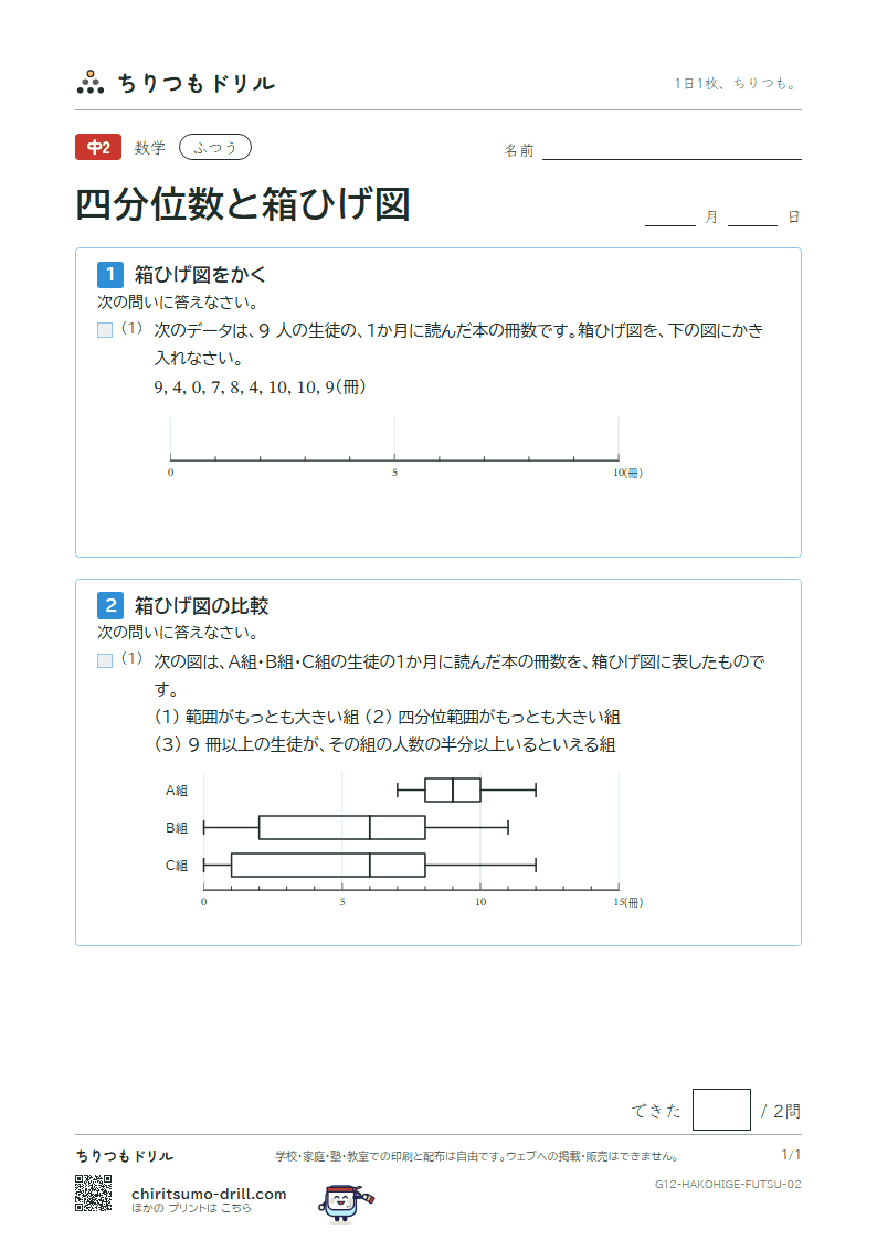 データの比較(四分位数と箱ひげ図) ふつう その2の見本