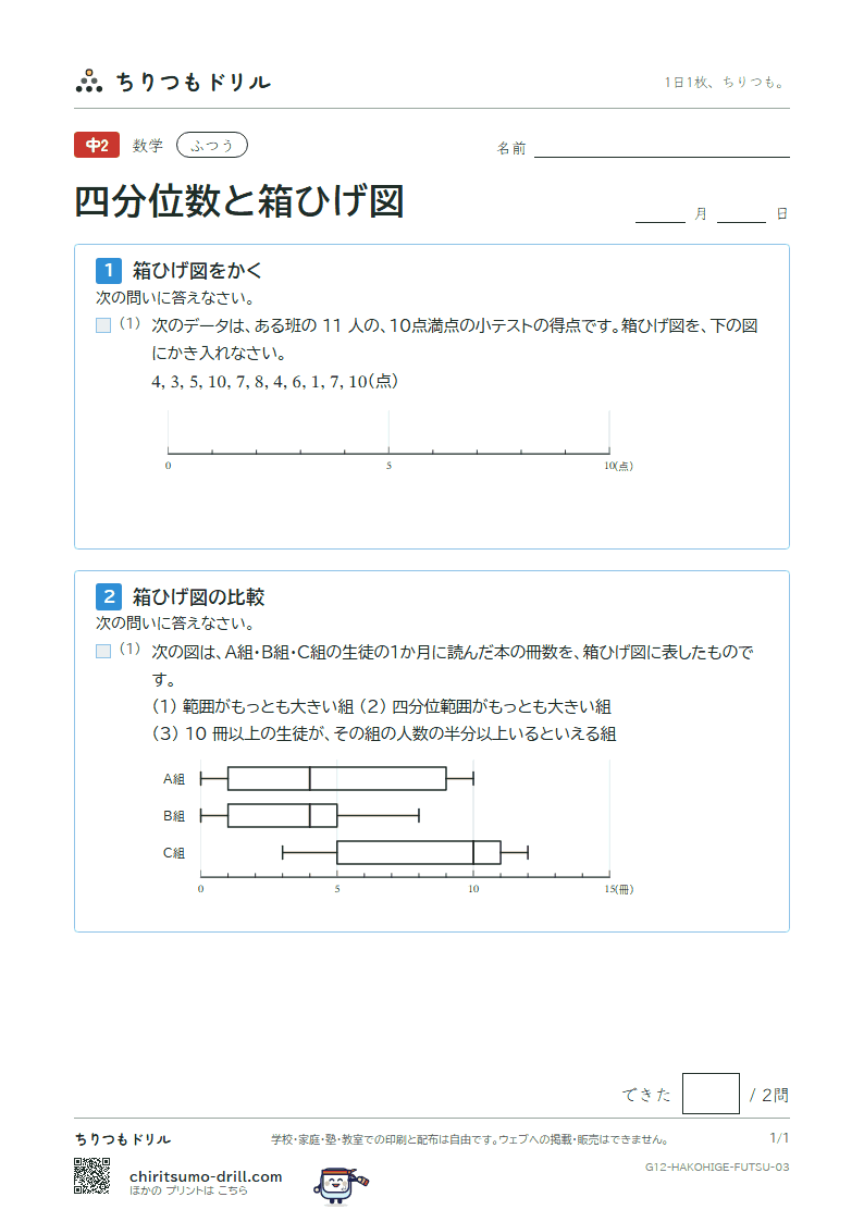 データの比較(四分位数と箱ひげ図) ふつう その3の見本